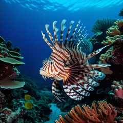 A red lionfish with long venomous fins swimming among colorful corals in a tropical reef. Dangerous wild animal. Generative AI