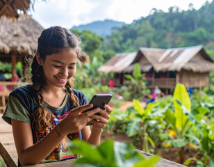 Fototapeta premium Play to earn: Teenage girl in rural village looks happy as she uses smartphone to earn tokens and connect with world