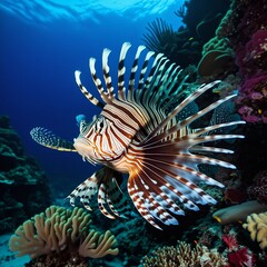 A red lionfish with long venomous fins swimming among colorful corals in a tropical reef. Dangerous wild animal. Generative AI