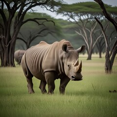 A rhinoceros standing on an open grassy plain in the African savanna with scattered trees. Dangerous wild animal. Generative AI