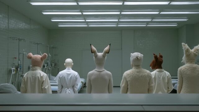 A group of people in bunny costumes in a hospital room