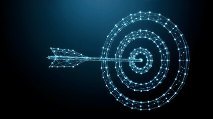Dynamic arrow perfectly hitting target center with glowing digital network, symbolizing business success and achievement in modern strategy