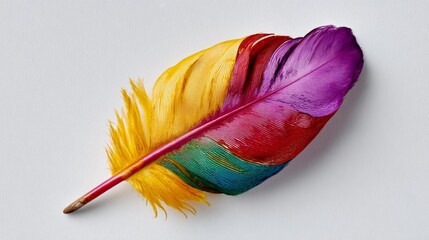Colorful feather with a yellow and red tip. The feather is on a white background. The feather is colorful and vibrant, and it gives off a sense of joy and happiness