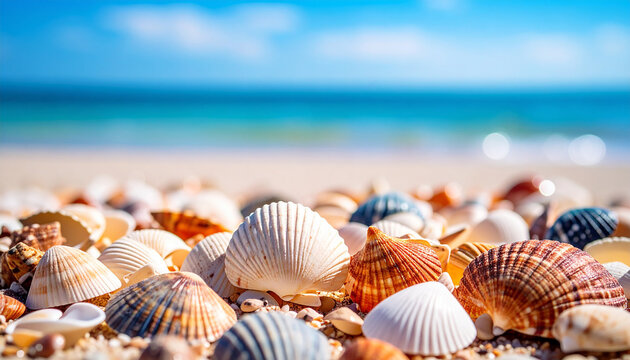 Beautiful sea shells. Blurred blue background. Summer vacation and travel.