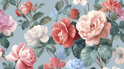Vintage floral pattern with blooming roses and lush green leaves on a soft blue background