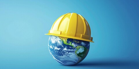 Planet Earth is depicted wearing a construction helmet, symbolizing construction and protection.