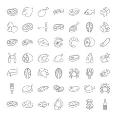 A collection of thin line icons representing various types of meat, poultry, fish, and seafood products.