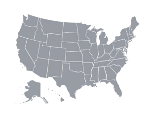 A simple, gray outline map depicting the United States of America, showing each state.