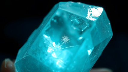 Captivating close-up of a glowing blue crystal revealing delicate, star-shaped formations within.