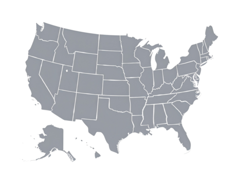 A simple, gray outline map depicting the United States of America, showing each state.