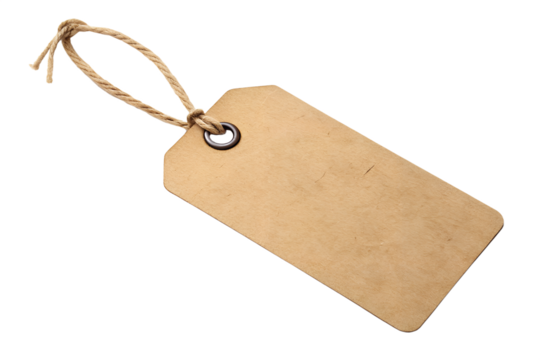 Blank brown paper tag with twine string on transparent background