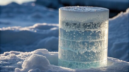 Layered ice core sample glowing in the sunlight on a snowy landscape.