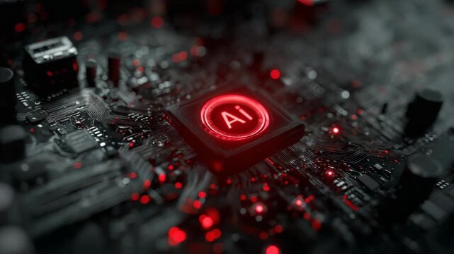 Futuristic glowing AI processor chip embedded on a black motherboard with red lighting, symbolizing artificial intelligence and computing power