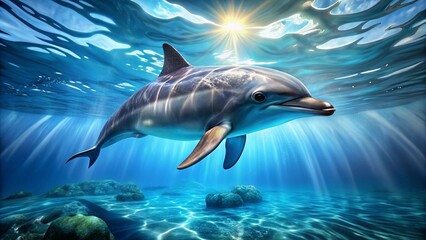 Underwater blue ocean scene with a majestic grey dolphin swimming near a vibrant reef, far from predatory sharks