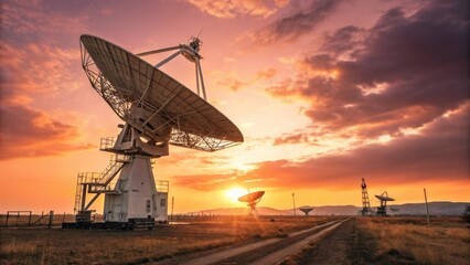  Radio telescope observatory with large satellite dishes at sunset