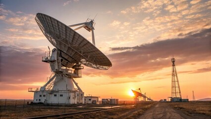 Radio telescope array in a rural landscape at sunset.