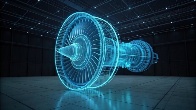 Holographic wireframe of a jet engine in a futuristic hangar, representing advanced aerospace engineering and design.