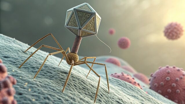 3D medical illustration of a bacteriophage virus on a cellular surface.