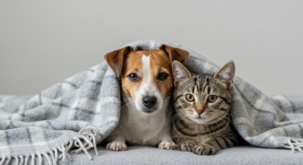 Obraz premium Dog and cat cuddling together under a blanket