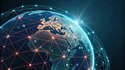 Global communication network over planet Earth, focused on Europe and Africa.