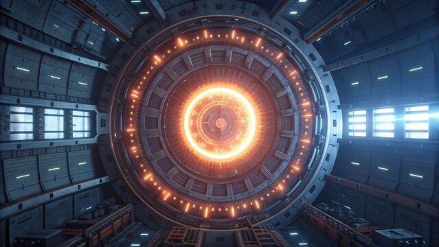  Futuristic fusion reactor core in a high-tech science fiction interior.