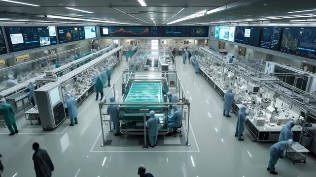 A large group of people in a factory with many monitors on the wall