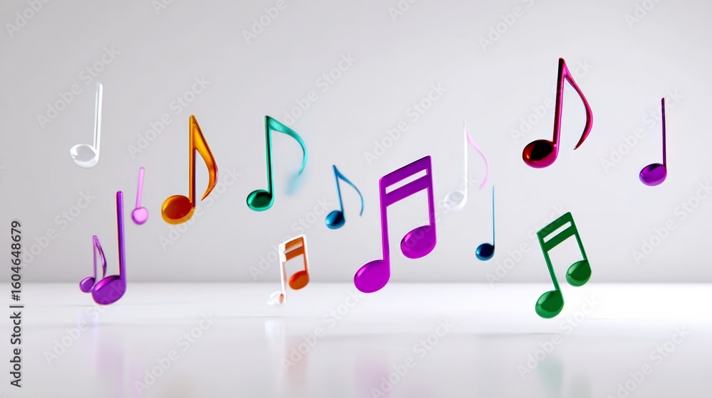 Poster colorful array of musical notes are floating in the air. the notes are of different colors and sizes