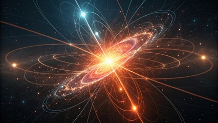 Fototapeta premium Abstract cosmic explosion with orbital light trails, representing a galaxy or atom.