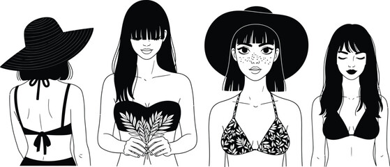 Four women in swimwear and hats in a black and white illustration with a tropical theme and summer vibe