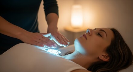 Relaxed woman receives a light treatment with hands on her chest in soft light, concept for alternative medicine, spiritual healing and holistic wellness