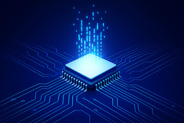 Futuristic Microchip with Binary Data Flow on Digital Circuit Board