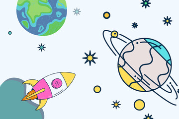 ilustrasi tema luar angkasa yang cerah dan berwarna-warni, dengan objek-objek, planet, bumi, rocket, roket, bintang, star