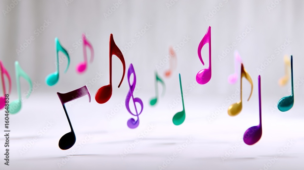Poster colorful array of musical notes are floating in the air. the notes are of different colors and sizes