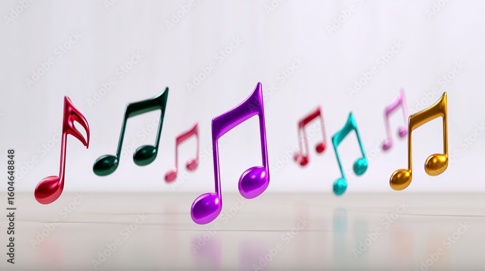 Poster colorful array of musical notes are floating in the air. the notes are in various colors and sizes, 