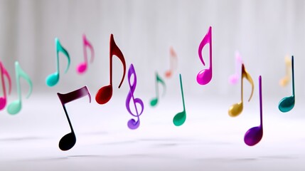 Colorful array of musical notes are floating in the air. The notes are of different colors and sizes, creating a vibrant and lively atmosphere. Concept of joy and energy, as if the notes are dancing