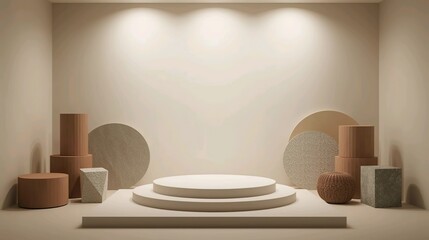 Obraz premium Tiered display podium with soft neutral tones and round props – elegant modern background