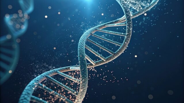 Futuristic DNA helix with glowing particles on a blue background.