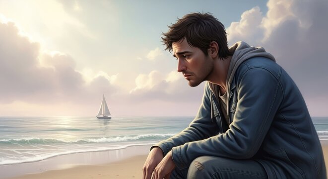 Sad depressed man missing the boat, didn't get on in time, literal idiom, visual pun