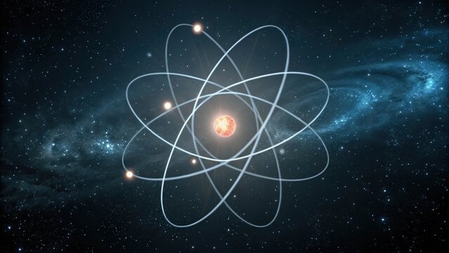 Stylized atom with orbiting electrons against a cosmic background of stars and nebula. - Powered by Adobe