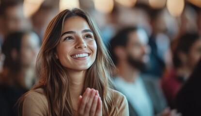 Obraz premium A Young Woman Expressing Joy and Enthusiasm in a Crowded Event Setting, Emitting a Warm Smile with Clasped Hands Glowing in the Background's Soft Light