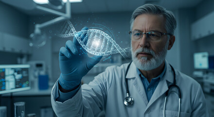 Genetic research and medical technology concept with scientist analyzing dna in laboratory for healthcare innovation and discovery