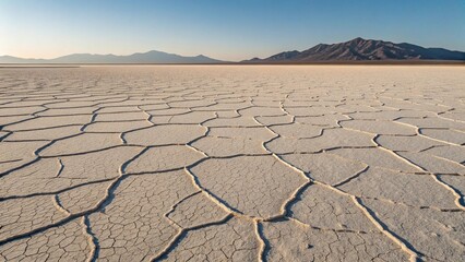Fototapeta premium Cracked earth of a dry salt flat desert with mountains in the background.