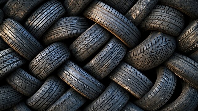 A pile of old, worn-out tires in a dark, industrial setting.