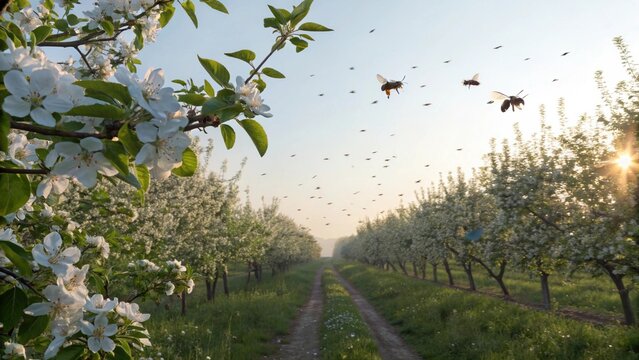 Swarm of bees pollinating a blossoming apple orchard at sunrise.