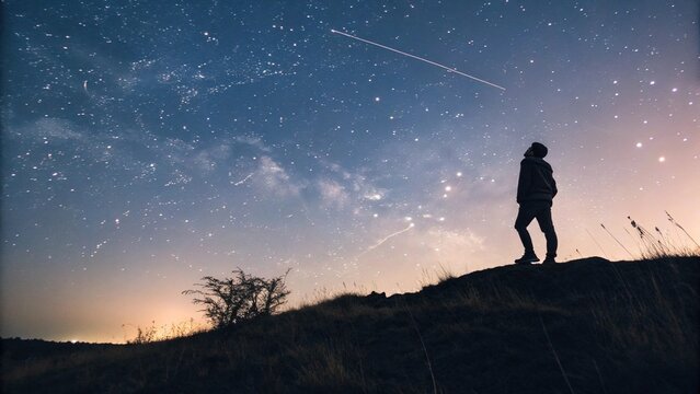 Silhouette of a man stargazing at the night sky with the Milky Way and a shooting star.