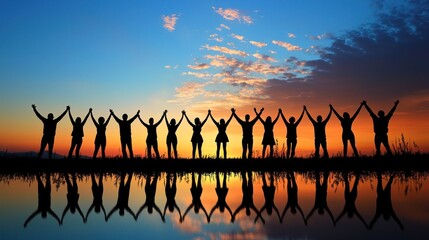 A group of people standing in a line, holding hands, with a beautiful sunset in the background.