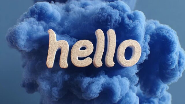 Creamy textured &ldquo;hello&rdquo; text floating in front of a dense blue smoke cloud on a soft blue background, concept of greeting or introduction
