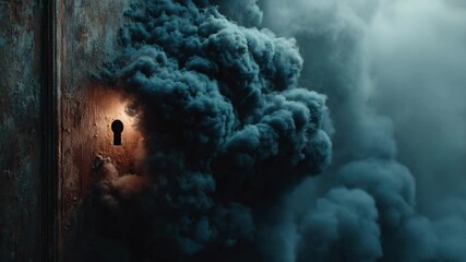 Thick dark smoke billowing out from a keyhole in an aged wooden door, photorealistic style, against a moody atmospheric background, concept of mystery
