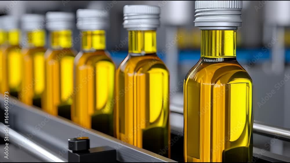 Poster bottles of oil moving along a production line in a factory setting showcasing efficiency and precisi