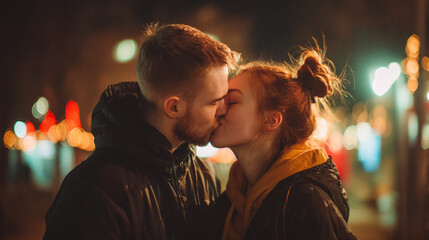A young couple sharing a kiss in an urban setting with blurred lights in the background
